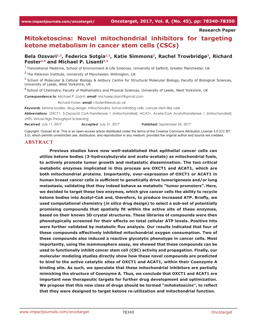 Novel Mitochondrial Inhibitors for Targeting Ketone Metabolism in Cancer Stem Cells (Cscs)