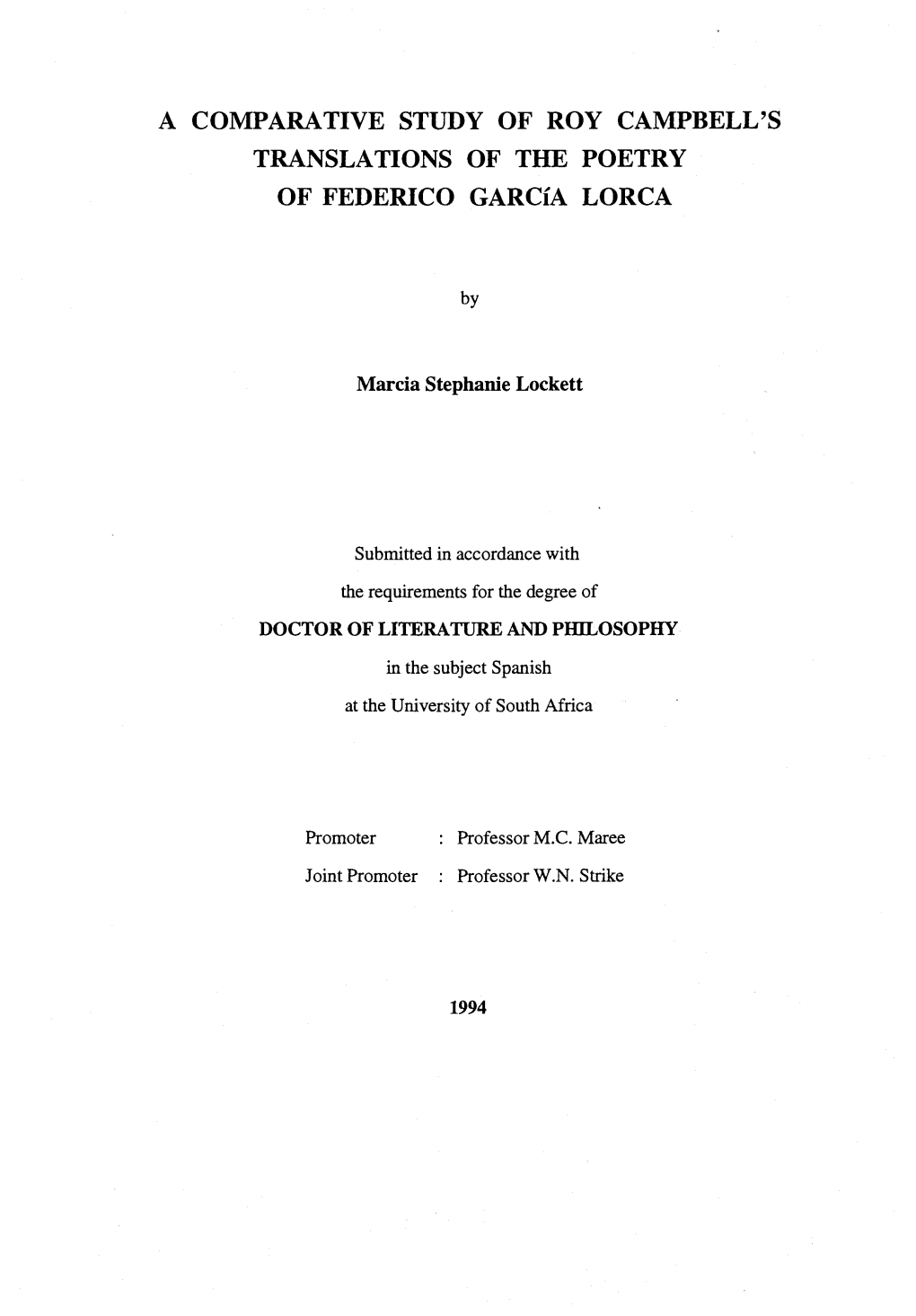 A Comparative Study of Roy Campbell's Translations of the Poetry of Federico Garcia Lorca