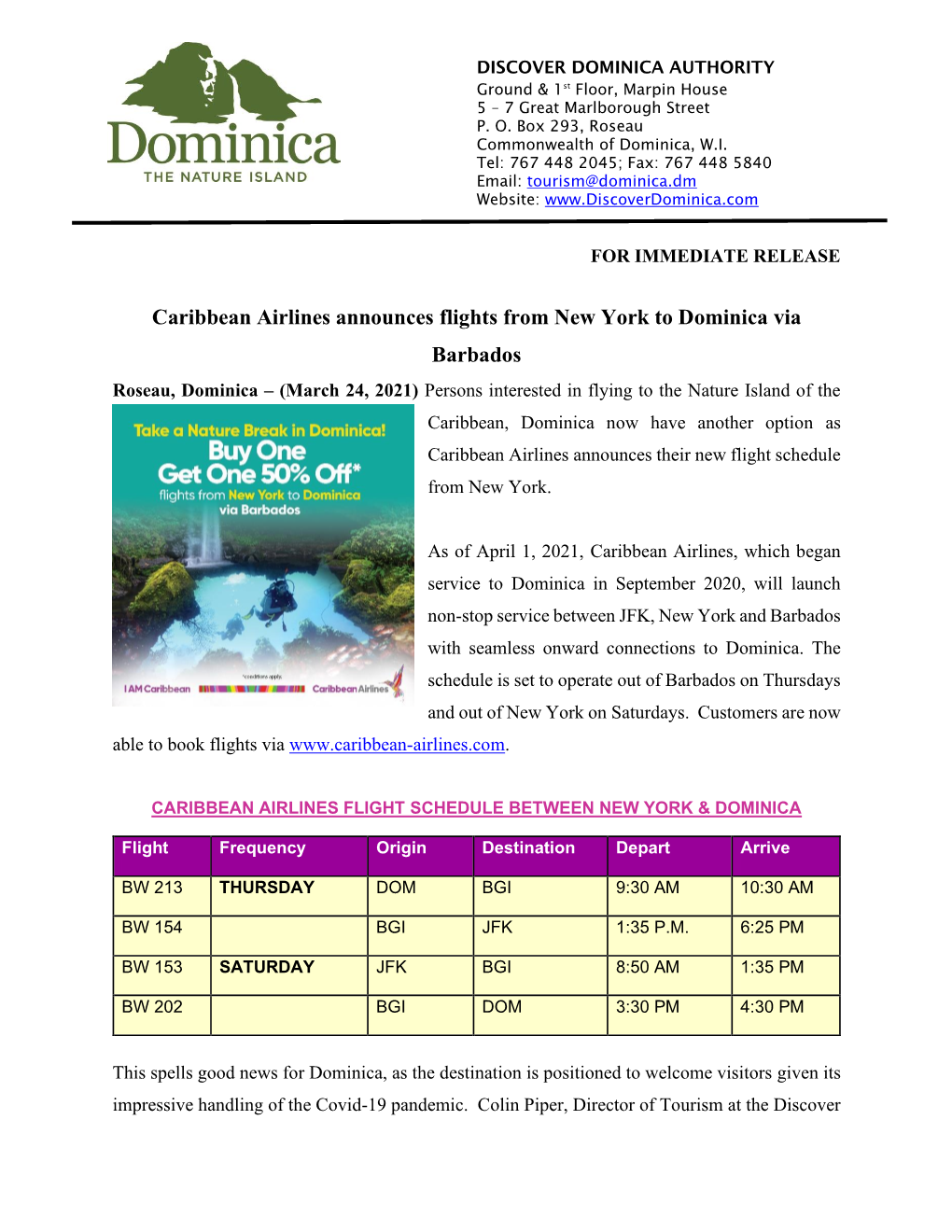 Caribbean Airlines Announces Flights from New York to Dominica Via
