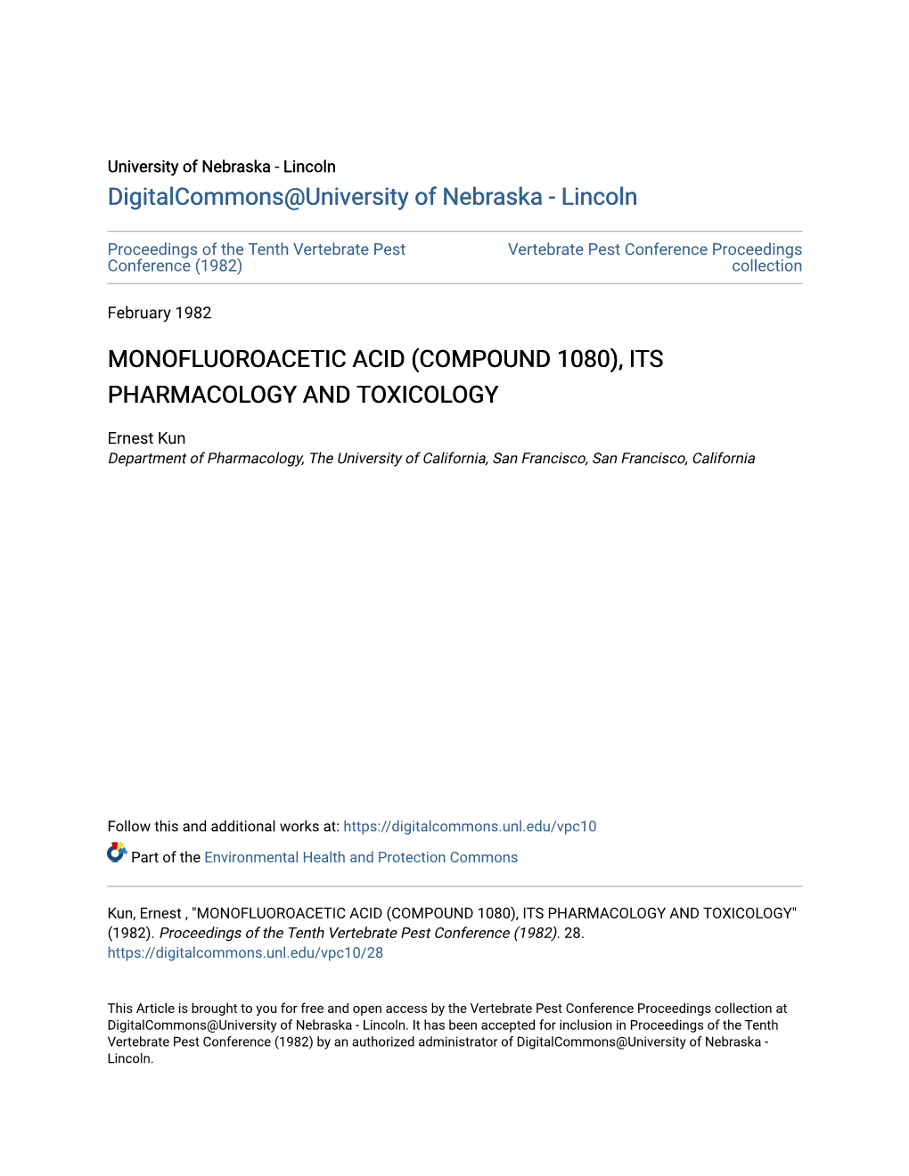 Monofluoroacetic Acid (Compound 1080), Its Pharmacology and Toxicology