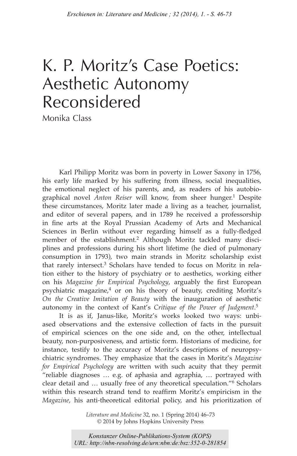 K. P. Moritz's Case Poetics : Aesthetic Autonomy Reconsidered