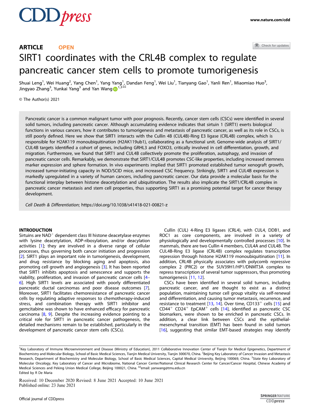 SIRT1 Coordinates with the CRL4B Complex to Regulate Pancreatic Cancer Stem Cells to Promote Tumorigenesis