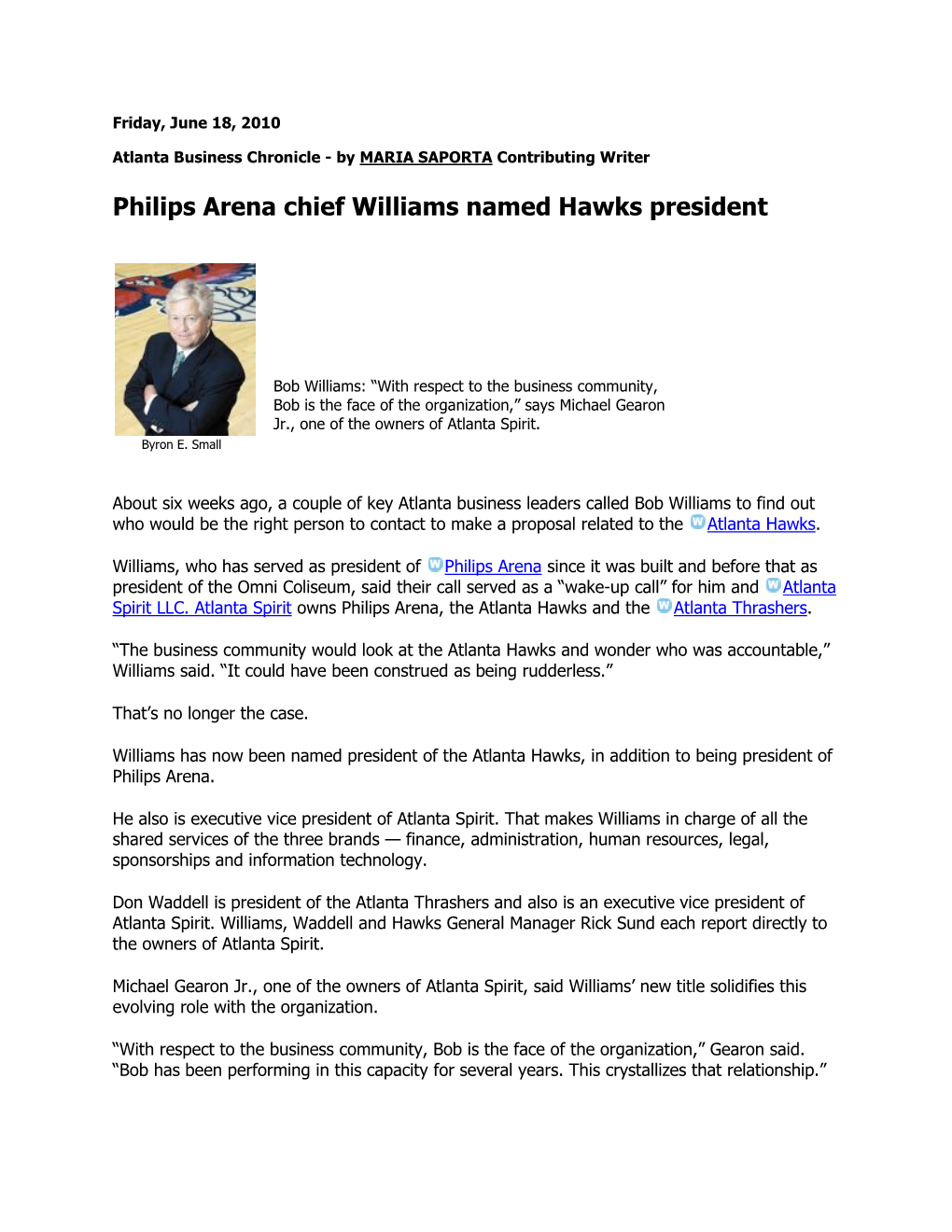Philips Arena Chief Williams Named Hawks President