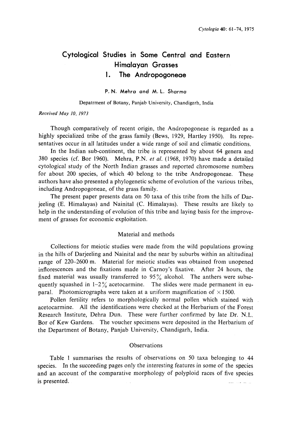 Cytological Studies in Some Central and Eastern Himalayan Grasses I