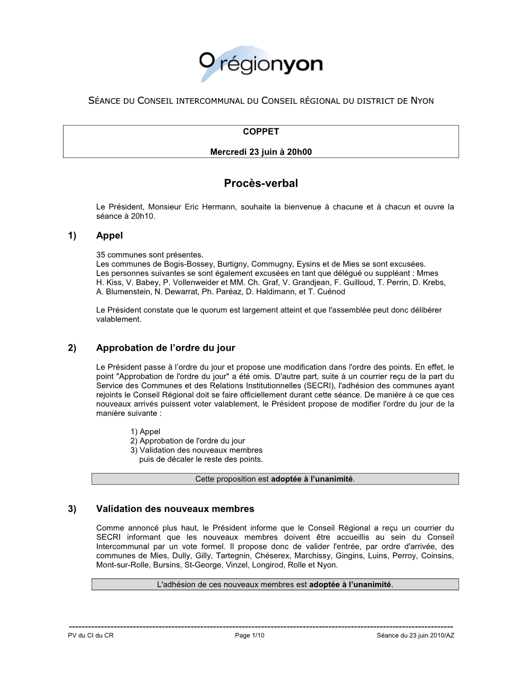 Procès-Verbal De La Séance Du 23 Juin 2010 Du Conseil Intercommunal