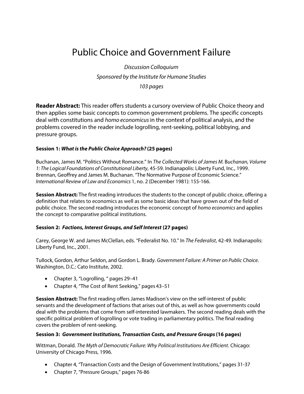 Public Choice and Government Failure