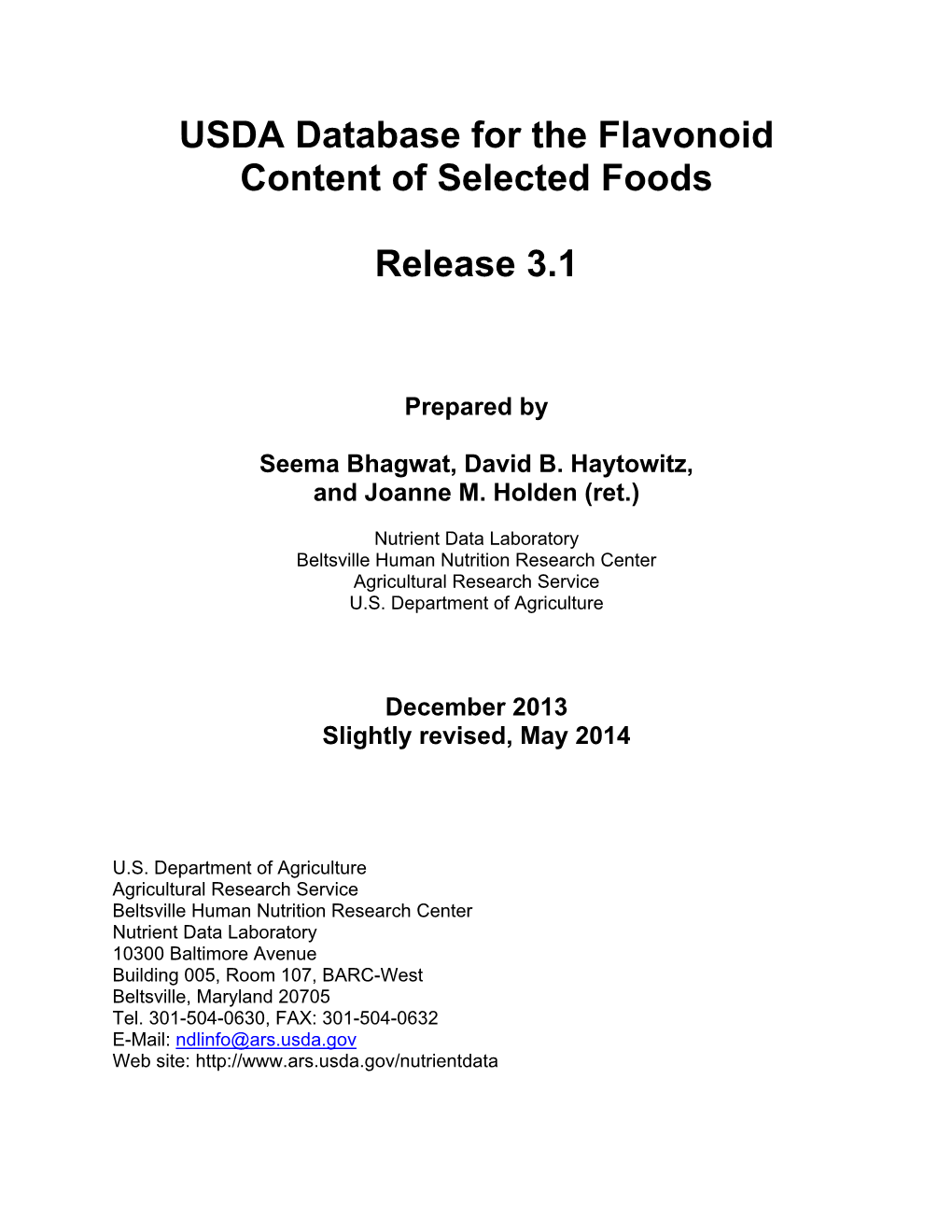 USDA Database for the Flavonoid Content of Selected Foods, Release 3.1