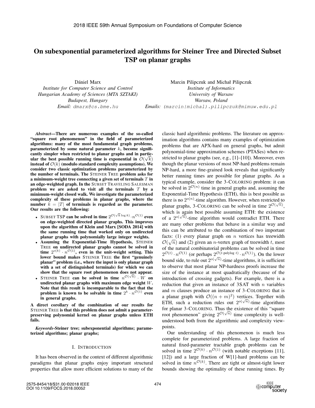 On Subexponential Parameterized Algorithms for Steiner Tree and Directed Subset TSP on Planar Graphs