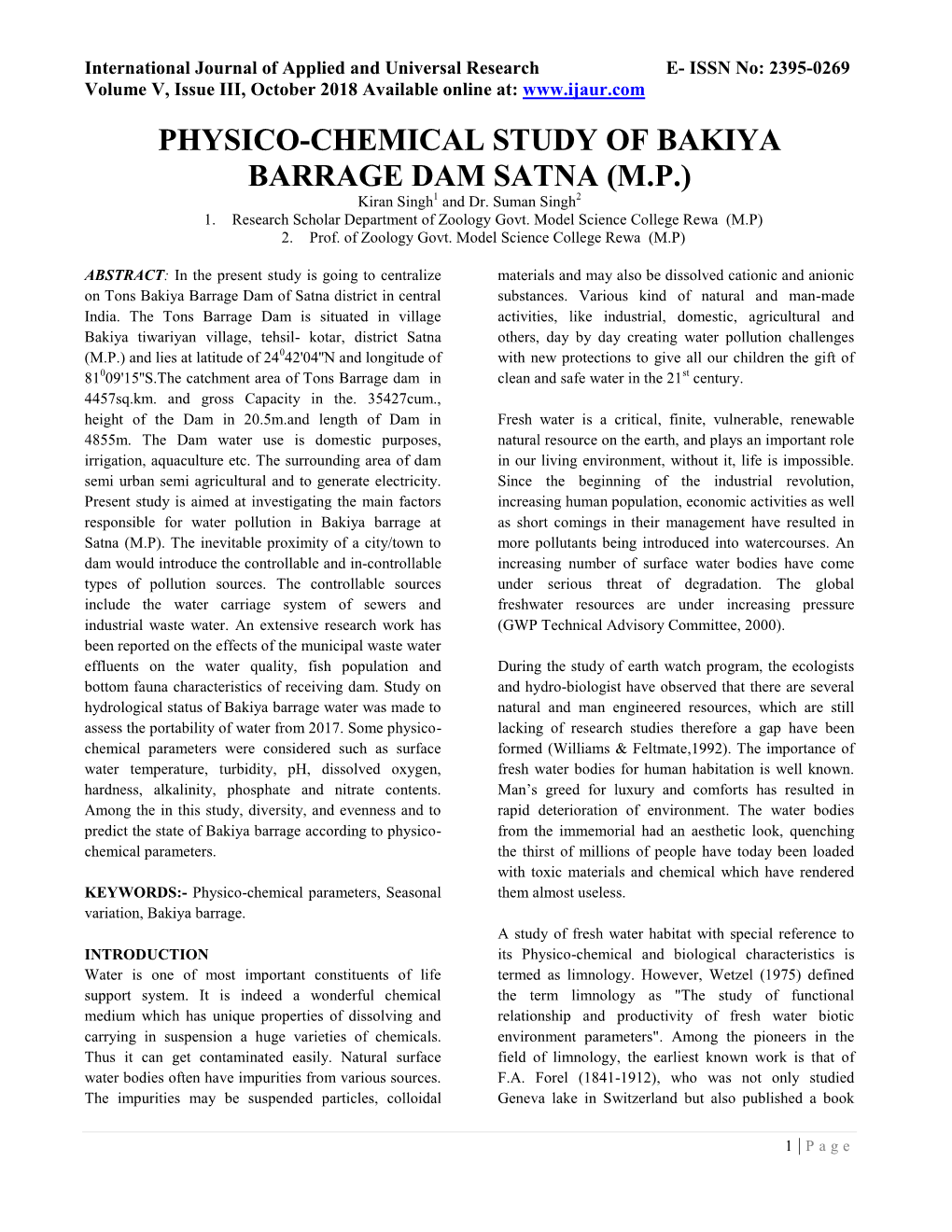 PHYSICO-CHEMICAL STUDY of BAKIYA BARRAGE DAM SATNA (M.P.) Kiran Singh1 and Dr