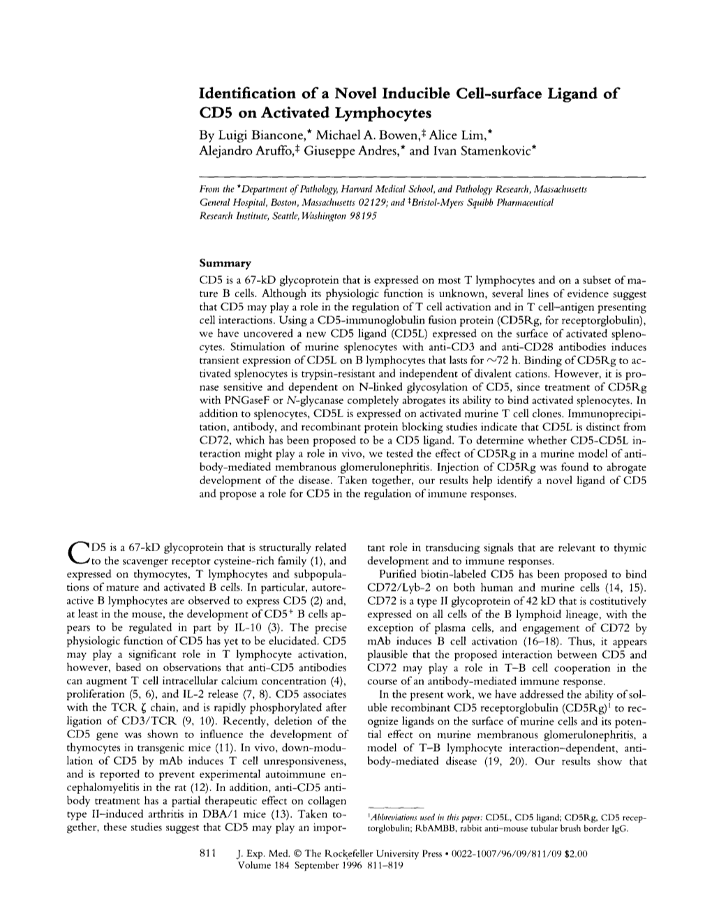 Identification of a Novel Inducible Cell-Surface Ligand of CD5 on Activated Lymphocytes by Luigi Biancone,* Michael A