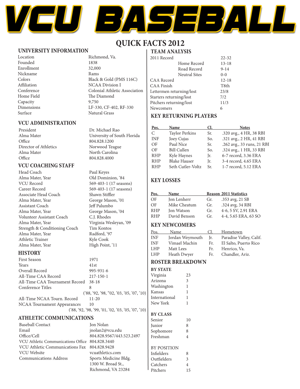 QUICK FACTS 2012 UNIVERSITY INFORMATION TEAM ANALYSIS Location Richmond, Va