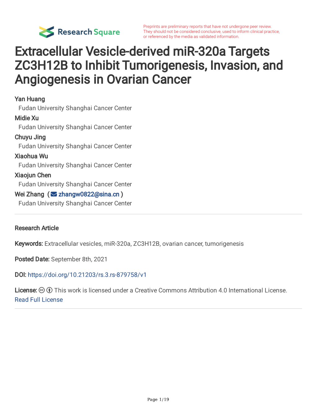 Extracellular Vesicle-Derived Mir-320A Targets ZC3H12B to Inhibit Tumorigenesis, Invasion, and Angiogenesis in Ovarian Cancer