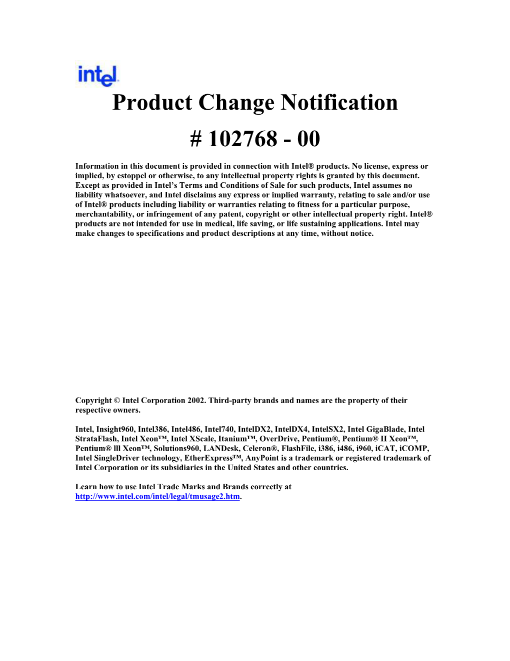 Intel Process/Product Change Notification