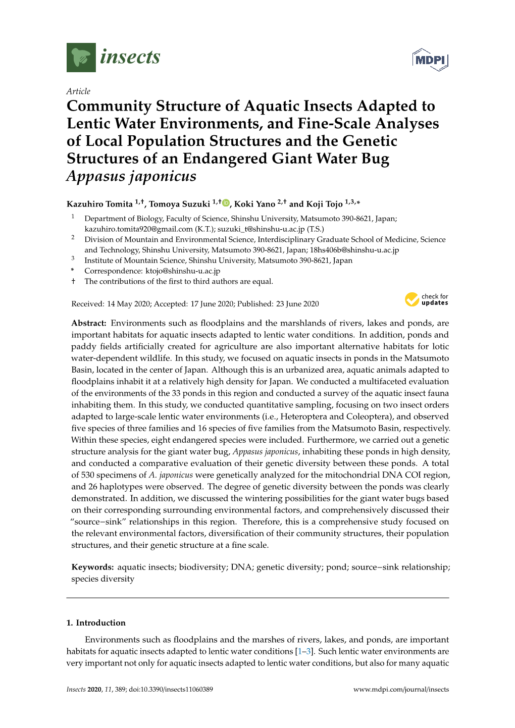 Community Structure of Aquatic Insects Adapted to Lentic Water