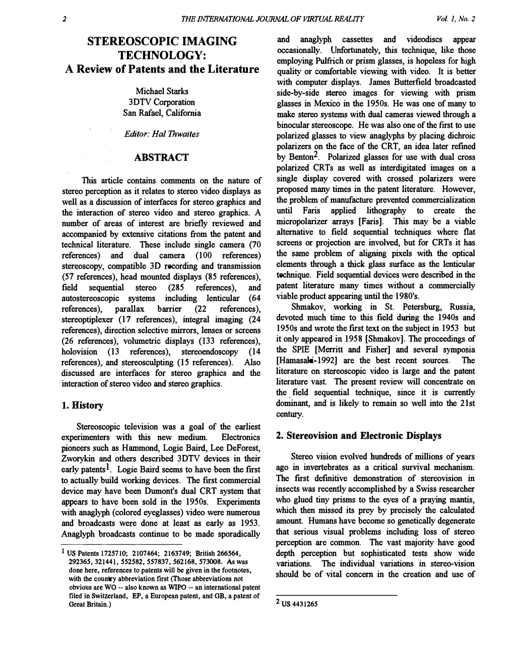 STEREOSCOPIC IMAGING TECHNOLOGY: a Review Of