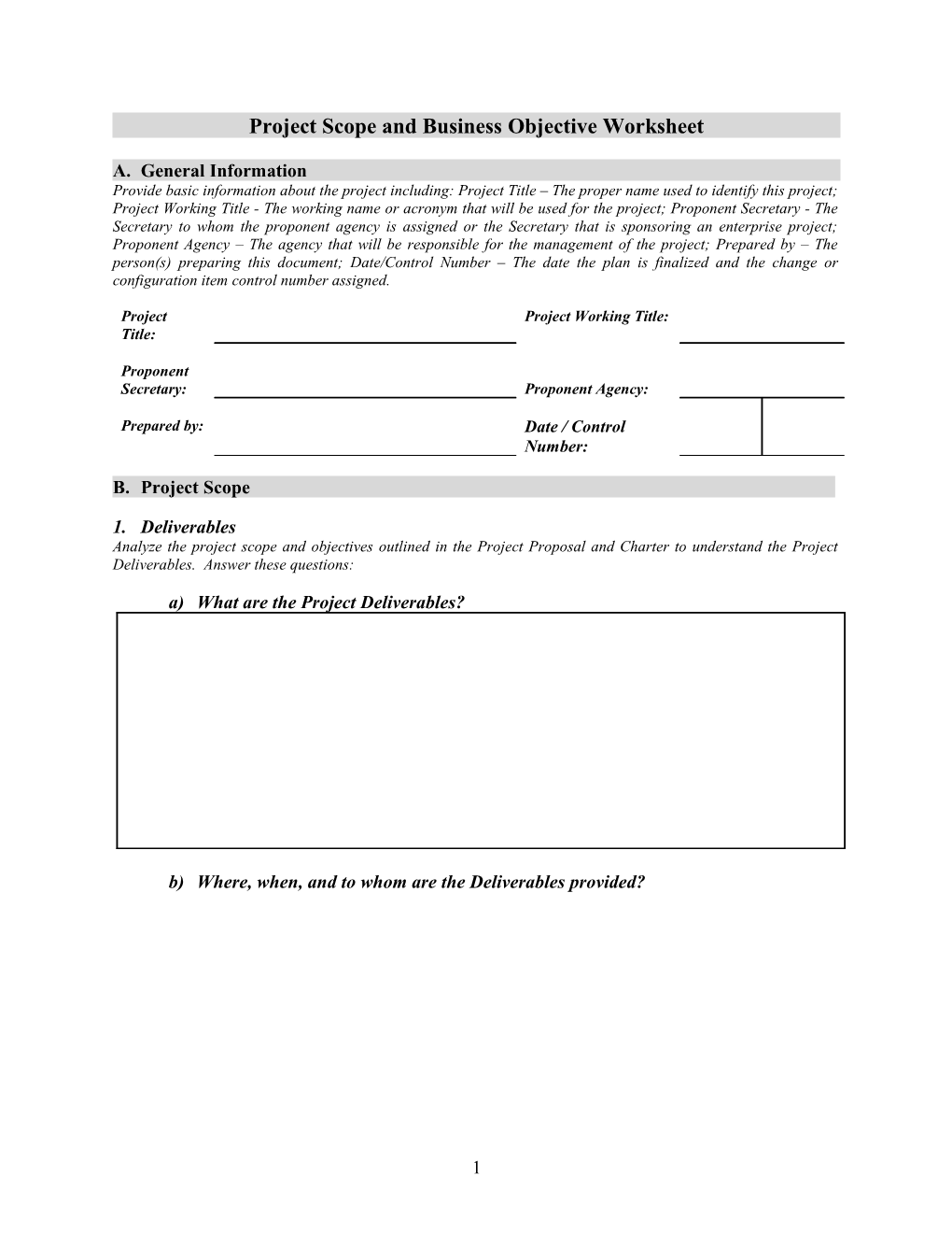 Project Scope and Business Objective Worksheet