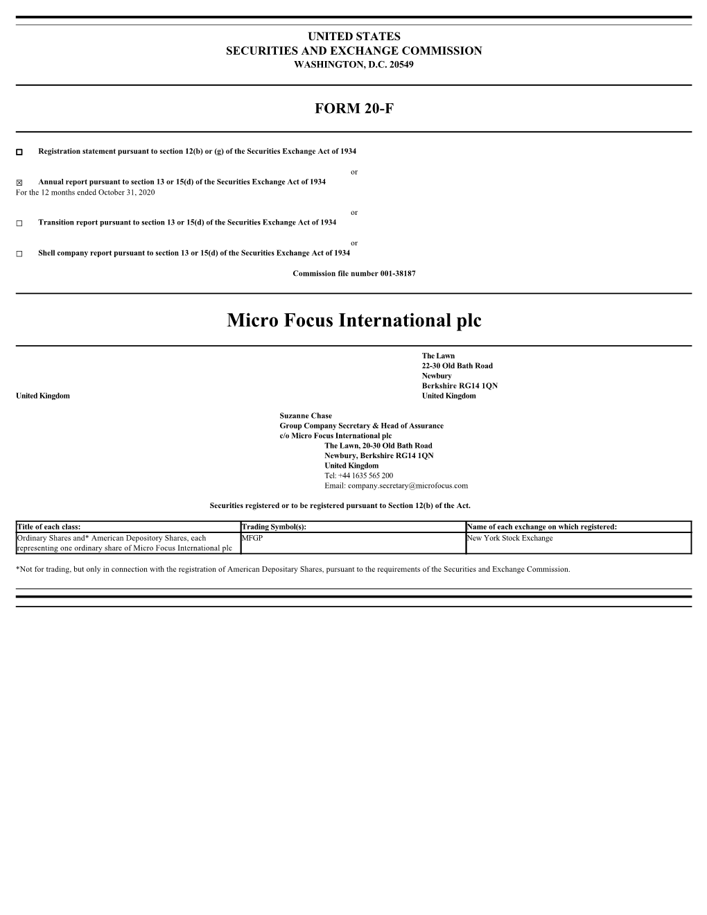 Report Pursuant to Section 13 Or 15(D) of the Securities Exchange Act of 1934 for the 12 Months Ended October 31, 2020