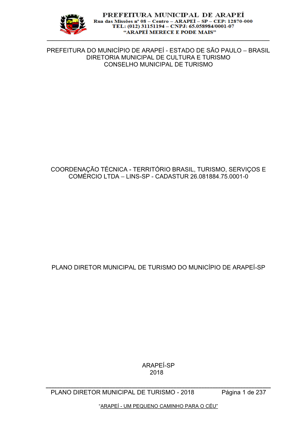 Plano Diretor Municipal De Turismo Do Município De Arapeí-Sp