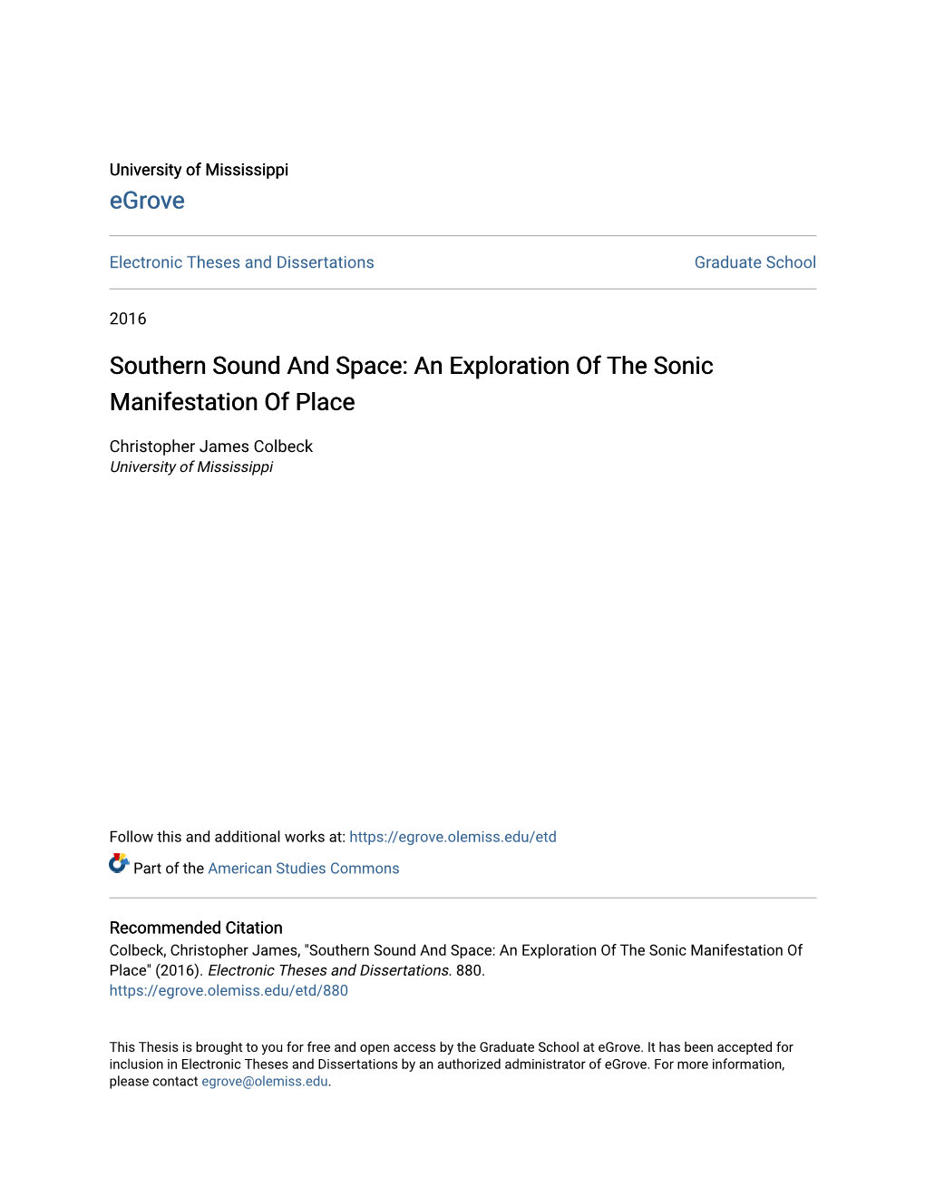 Southern Sound and Space: an Exploration of the Sonic Manifestation of Place