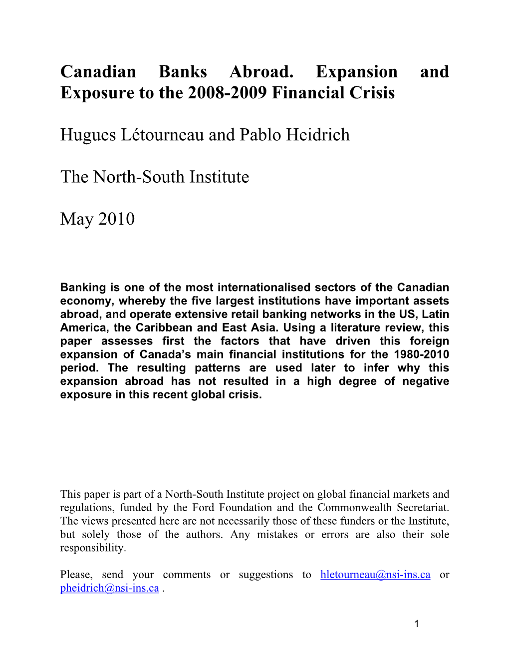 Canadian Banks Abroad. Expansion and Exposure to the 2008-2009 Financial Crisis