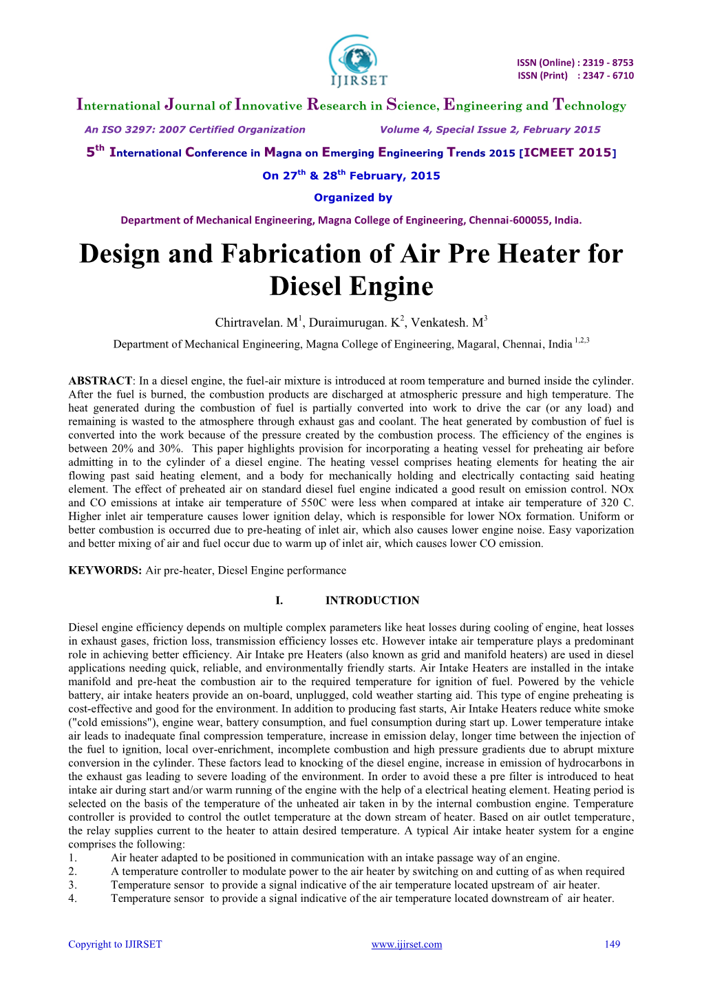Design and Fabrication of Air Pre Heater for Diesel Engine