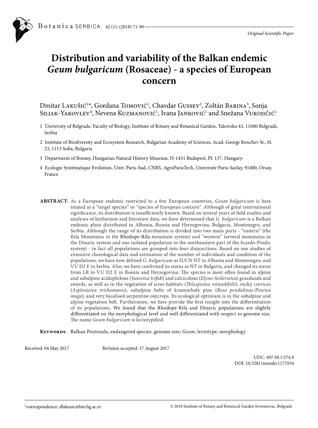 Distribution and Variability of the Balkan Endemic Geum Bulgaricum (Rosaceae) - a Species of European Concern