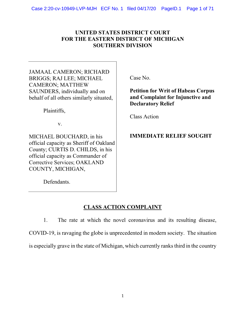 Case 2:20-Cv-10949-LVP-MJH ECF No. 1 Filed 04/17/20 Pageid.1 Page 1 of 71