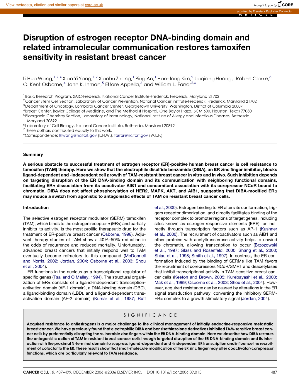 Disruption of Estrogen Receptor DNA-Binding Domain and Related Intramolecular Communication Restores Tamoxifen Sensitivity in Resistant Breast Cancer