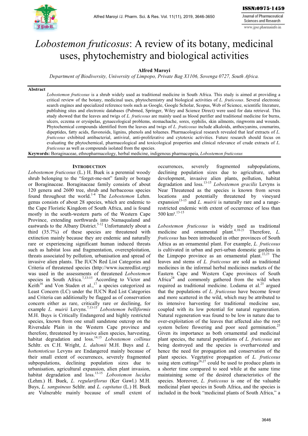 Lobostemon Fruticosus: a Review of Its Botany, Medicinal Uses, Phytochemistry and Biological Activities