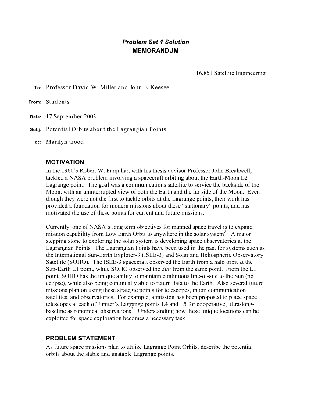 Problem Set 1 Solution MEMORANDUM 16.851 Satellite