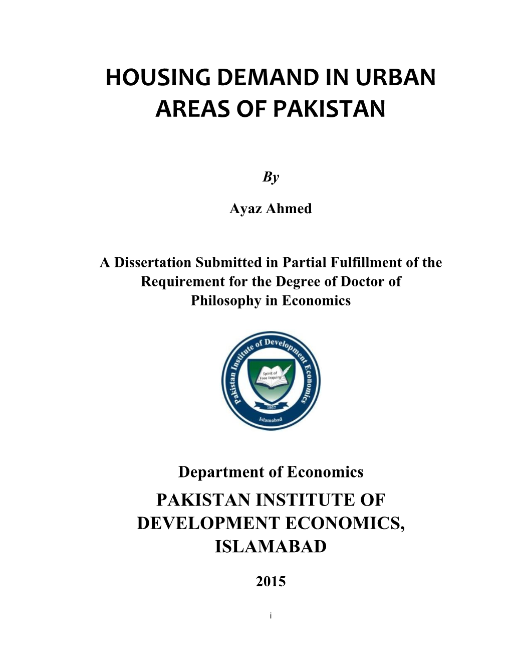 Housing Demand in Urban Areas of Pakistan