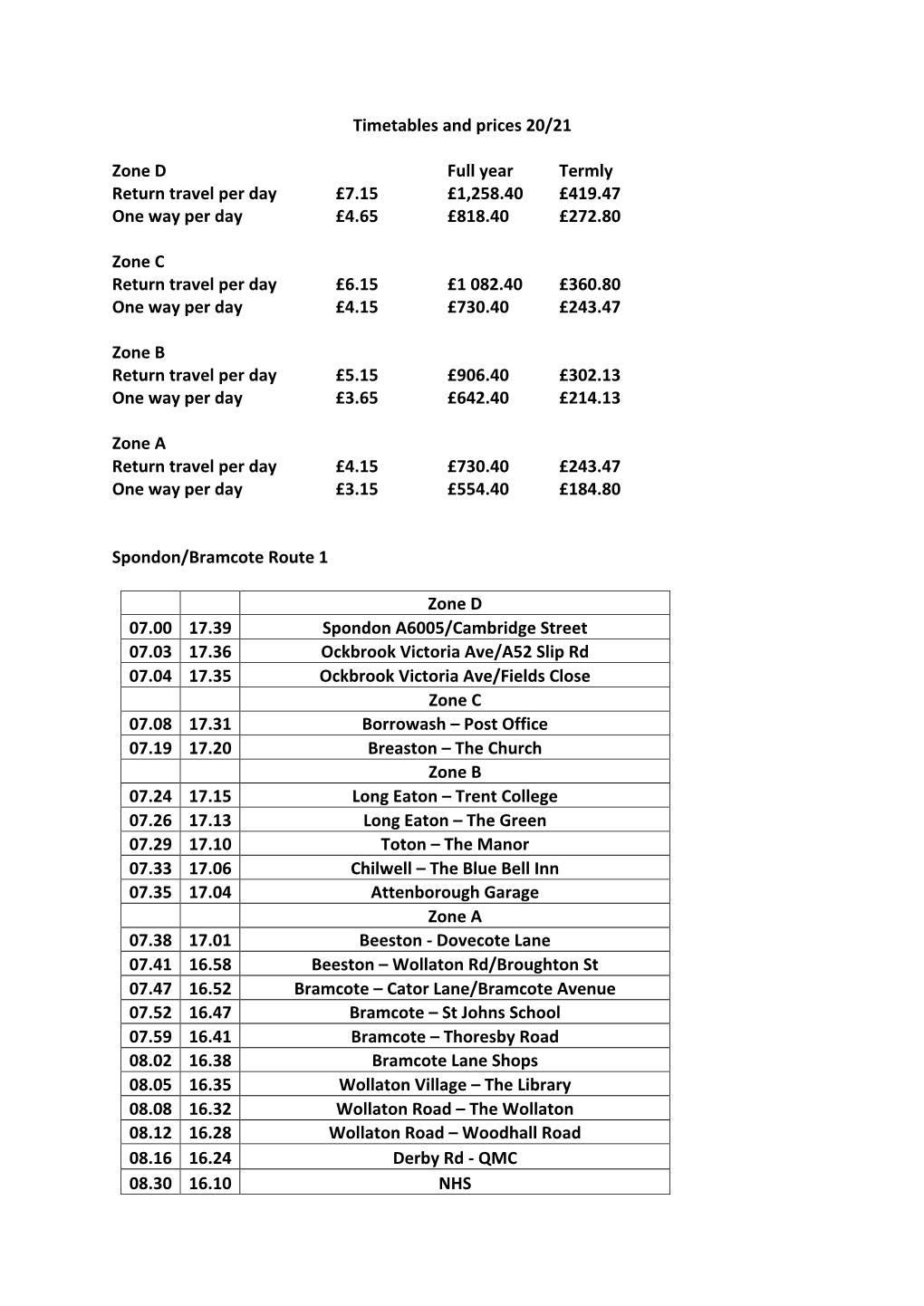 Timetables and Prices 20/21 Zone D Full Year Termly Return Travel Per