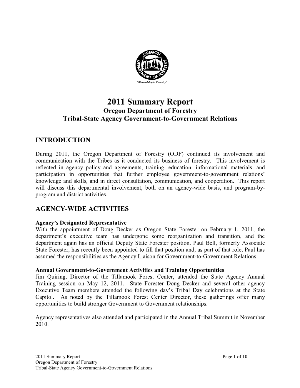 2011 Summary Report Oregon Department of Forestry Tribal-State Agency Government-To-Government Relations