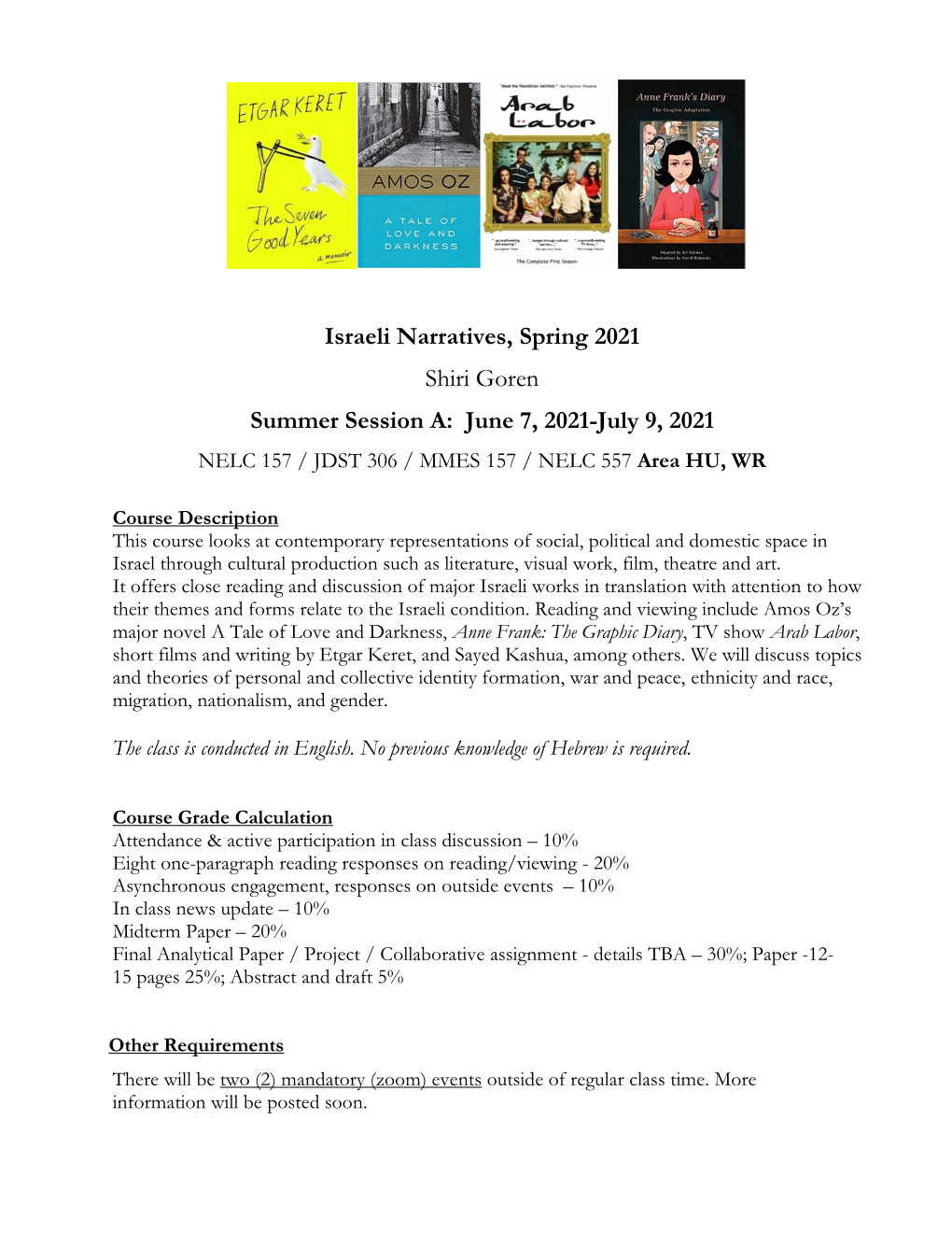 Israeli Narratives, Spring 2021 Shiri Goren Summer Session A: June 7, 2021-July 9, 2021 NELC 157 / JDST 306 / MMES 157 / NELC 557 Area HU, WR