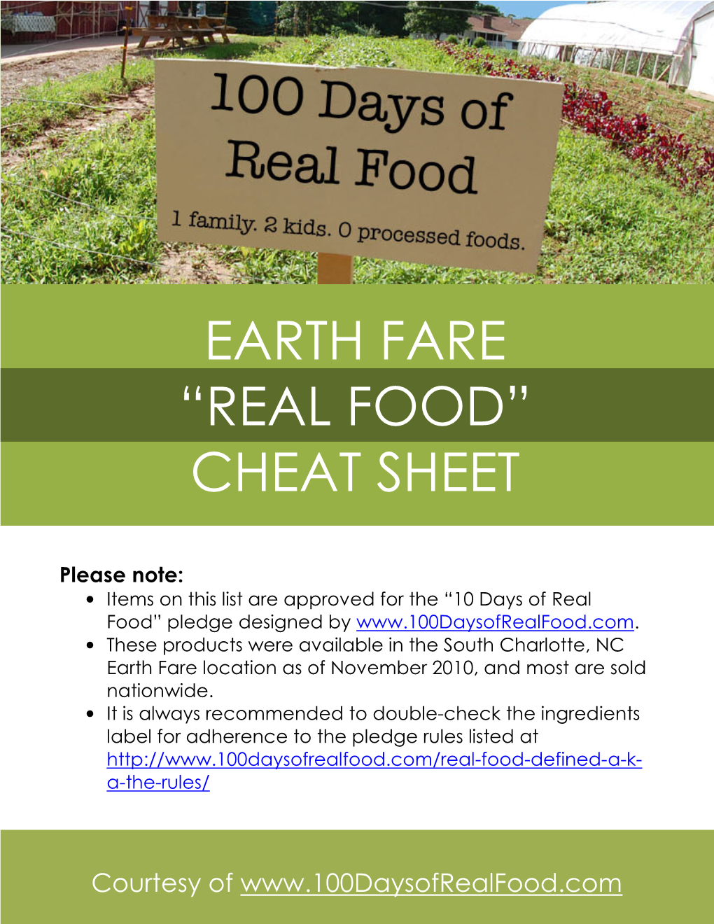 Earth Fare “10 Days of Real Food” Approved List Courtesy Of