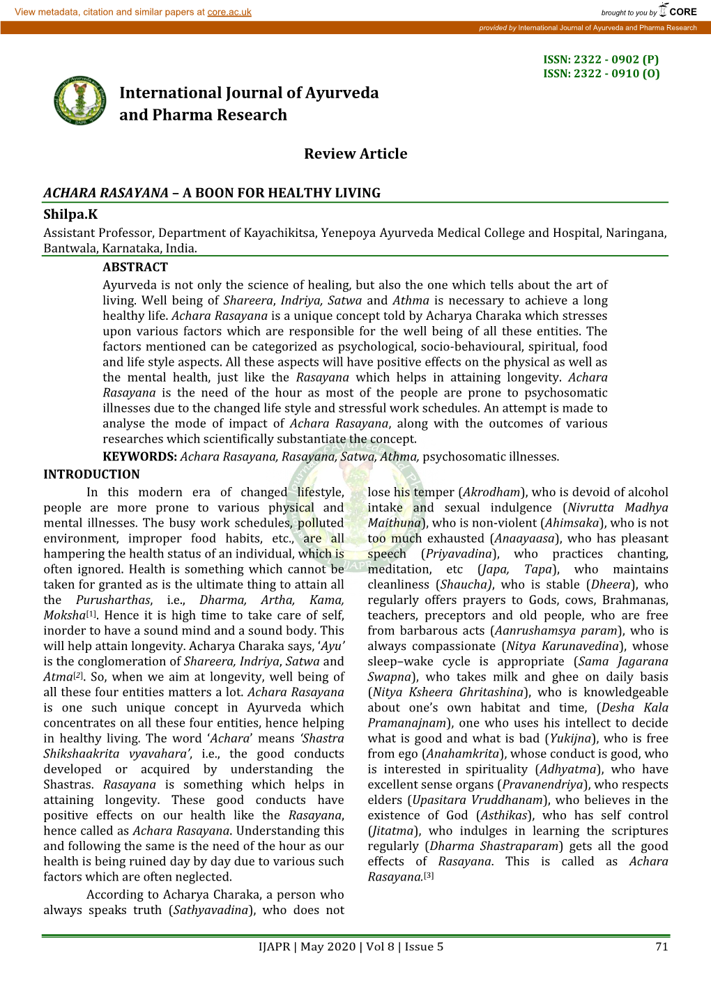 International Journal of Ayurveda and Pharma Research