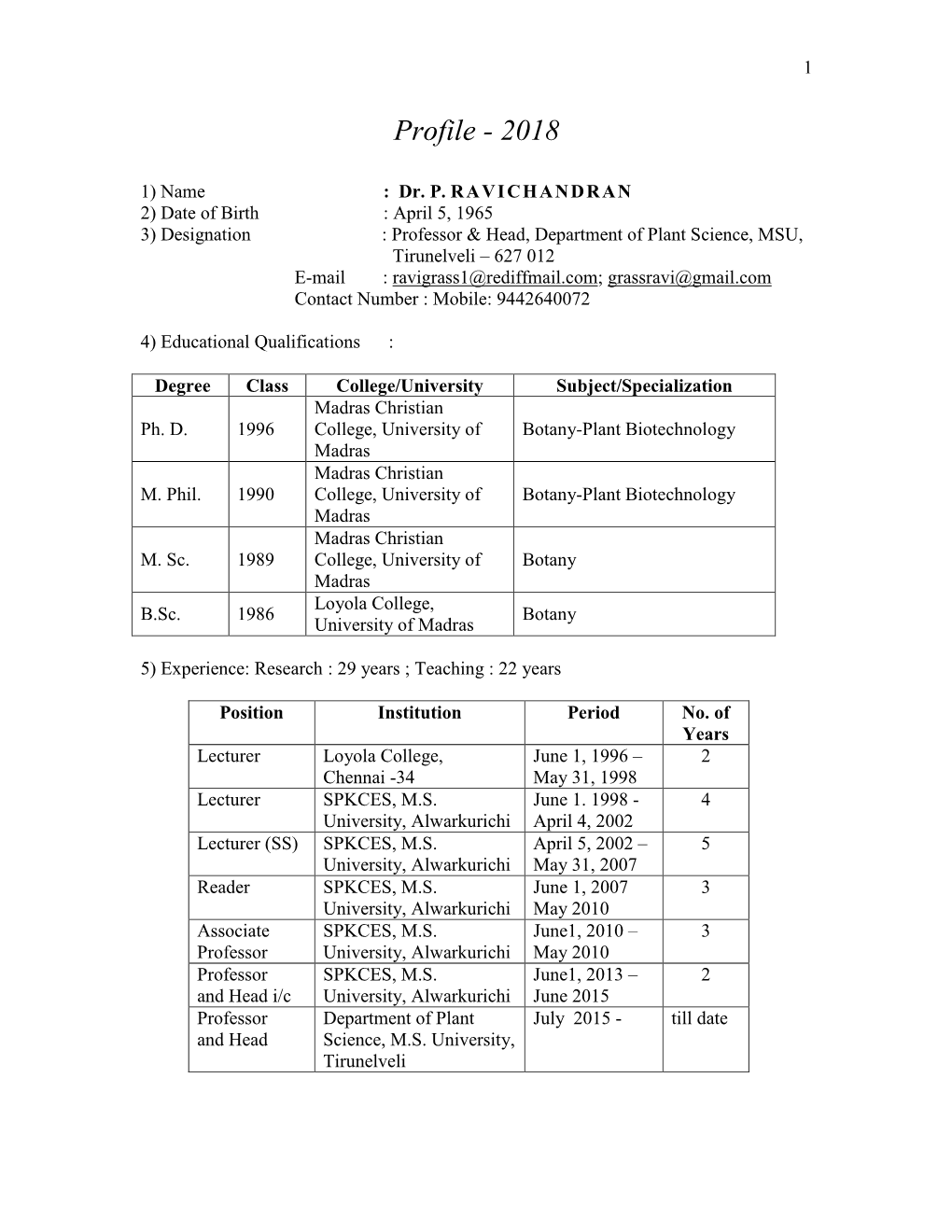 Biotechnology Madras Madras Christian M