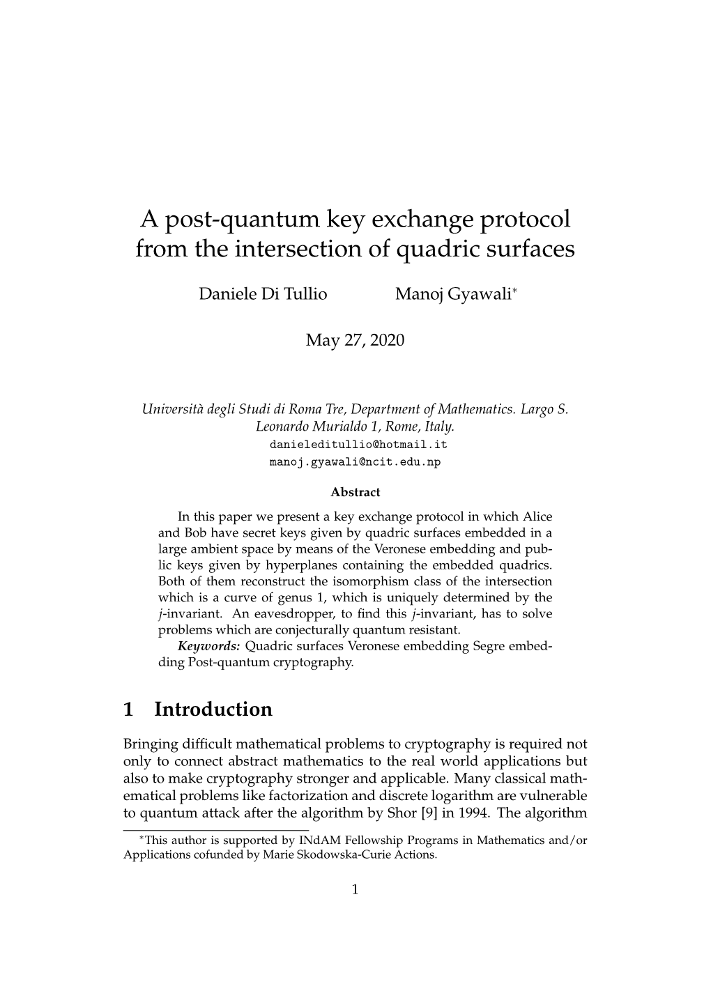 A Post-Quantum Key Exchange Protocol from the Intersection of Quadric Surfaces