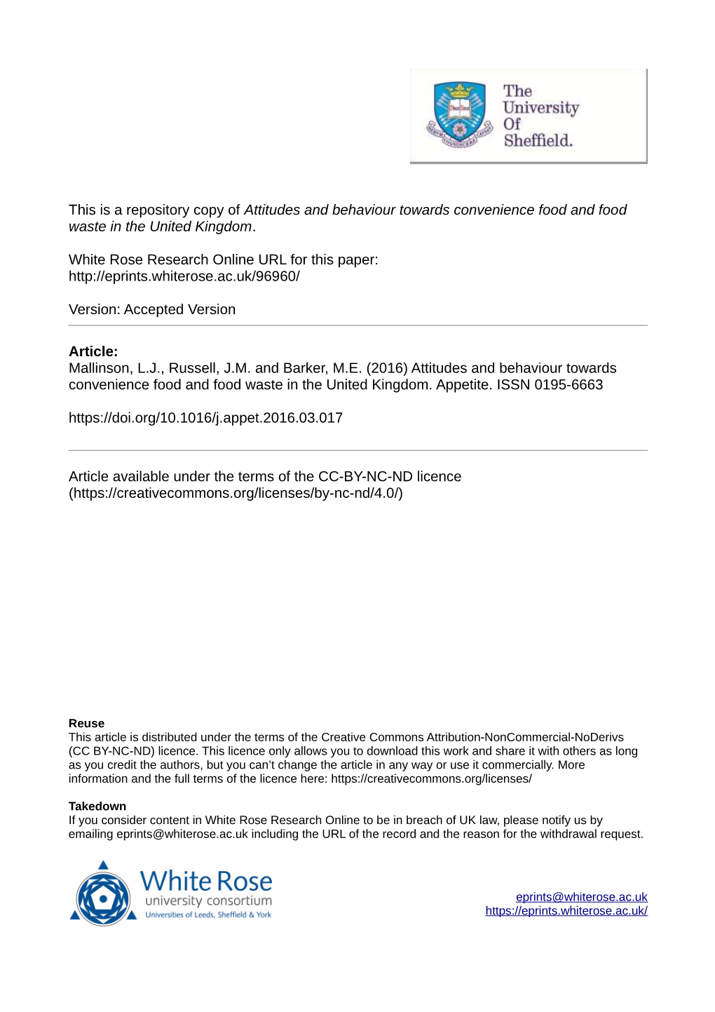 Attitudes and Behaviour Towards Convenience Food and Food Waste in the United Kingdom