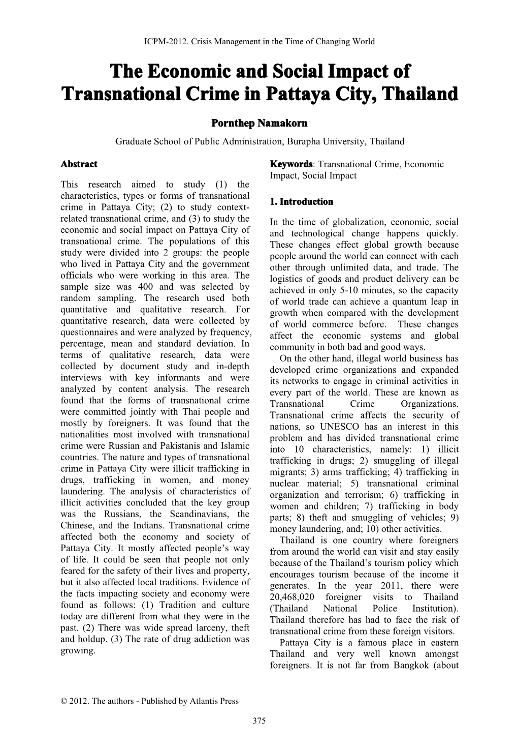 The Economic and Social Impact of Transnational Crime in Pattaya City