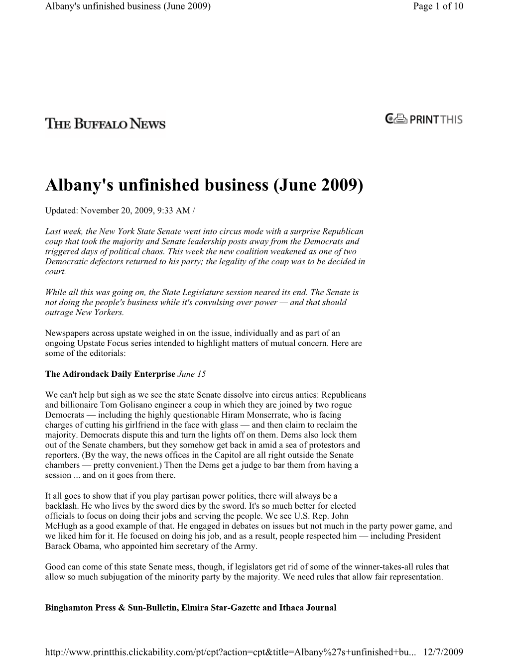 Albany's Unfinished Business (June 2009) Page 1 of 10