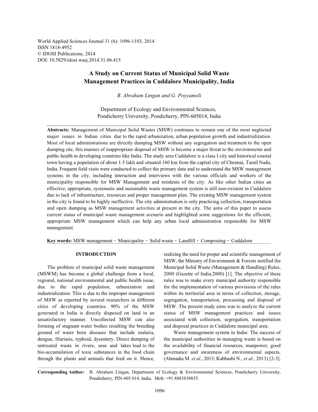 A Study on Current Status of Municipal Solid Waste Management Practices in Cuddalore Municipality, India