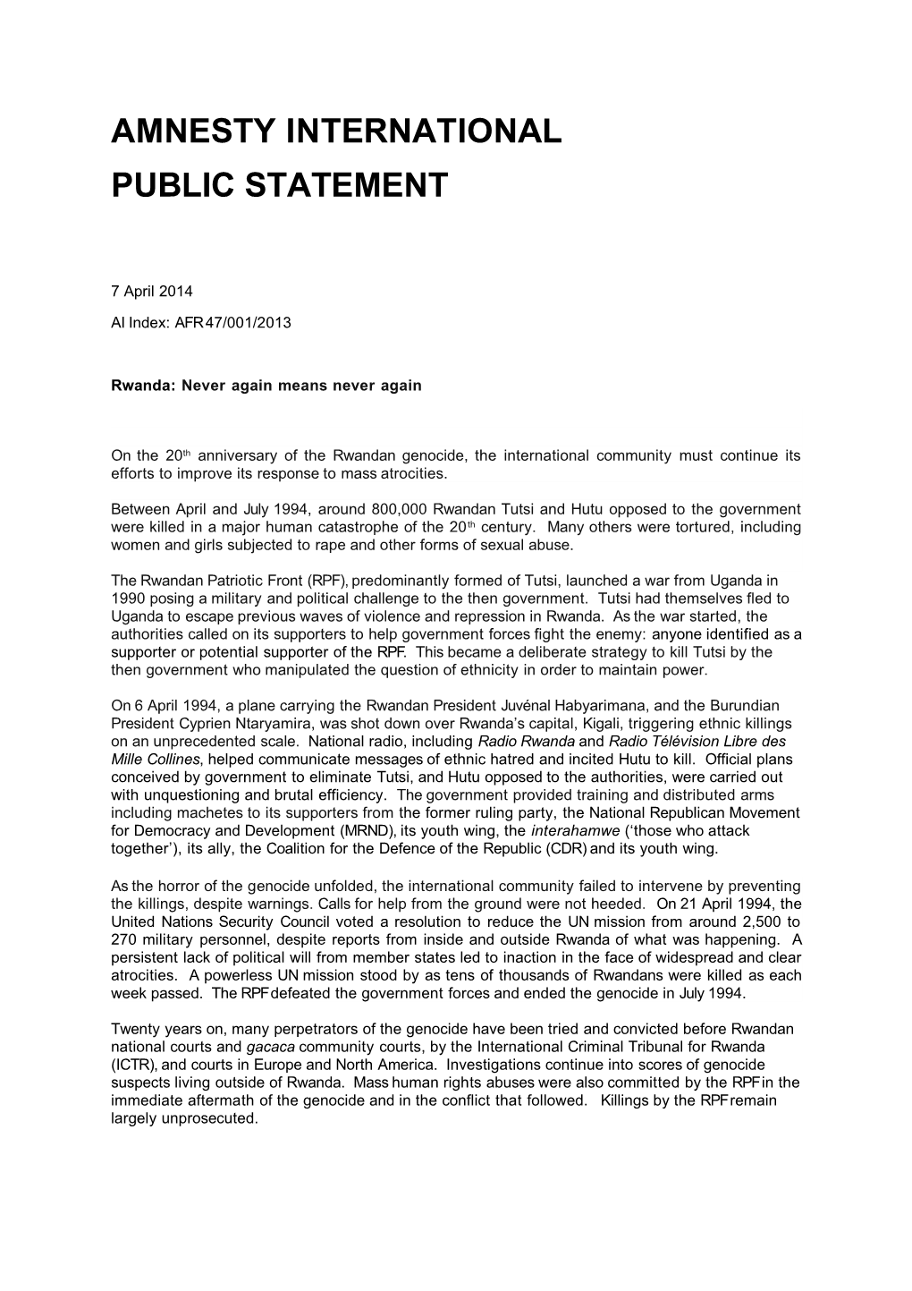 Amnesty International Public Statement