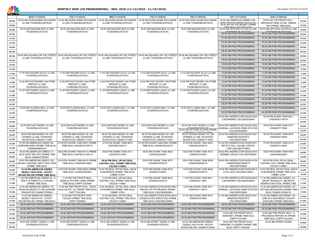 US PROGRAMMING) - NOV, 2018 (11/12/2018 - 11/18/2018) Date Updated:10/24/2018 3:25:20 PM