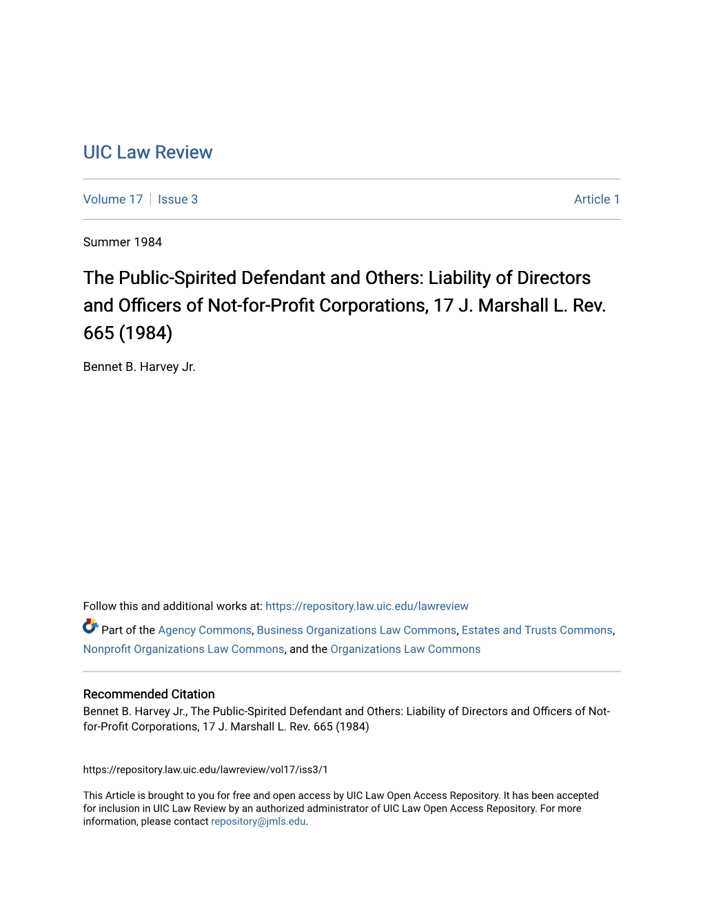 The Public-Spirited Defendant and Others: Liability of Directors and Officers of Not-For-Profit Corporations, 17 J. Marshall L. Rev