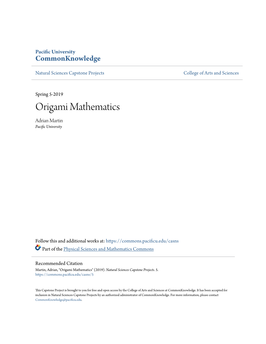 Origami Mathematics Adrian Martin Pacific Nu Iversity