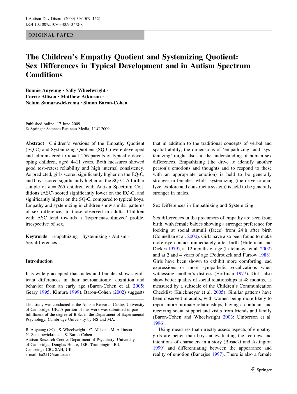 The Children's Empathy Quotient and Systemizing Quotient