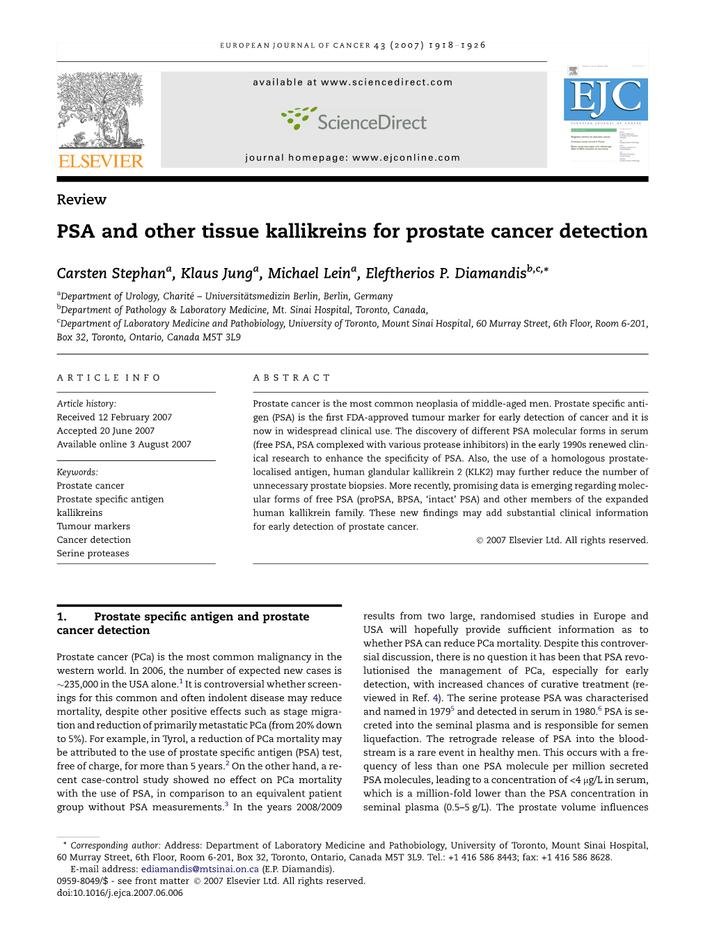 PSA and Other Tissue Kallikreins for Prostate Cancer Detection