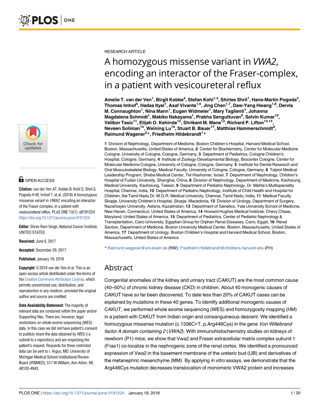 A Homozygous Missense Variant in VWA2, Encoding an Interactor of the Fraser-Complex, in a Patient with Vesicoureteral Reflux