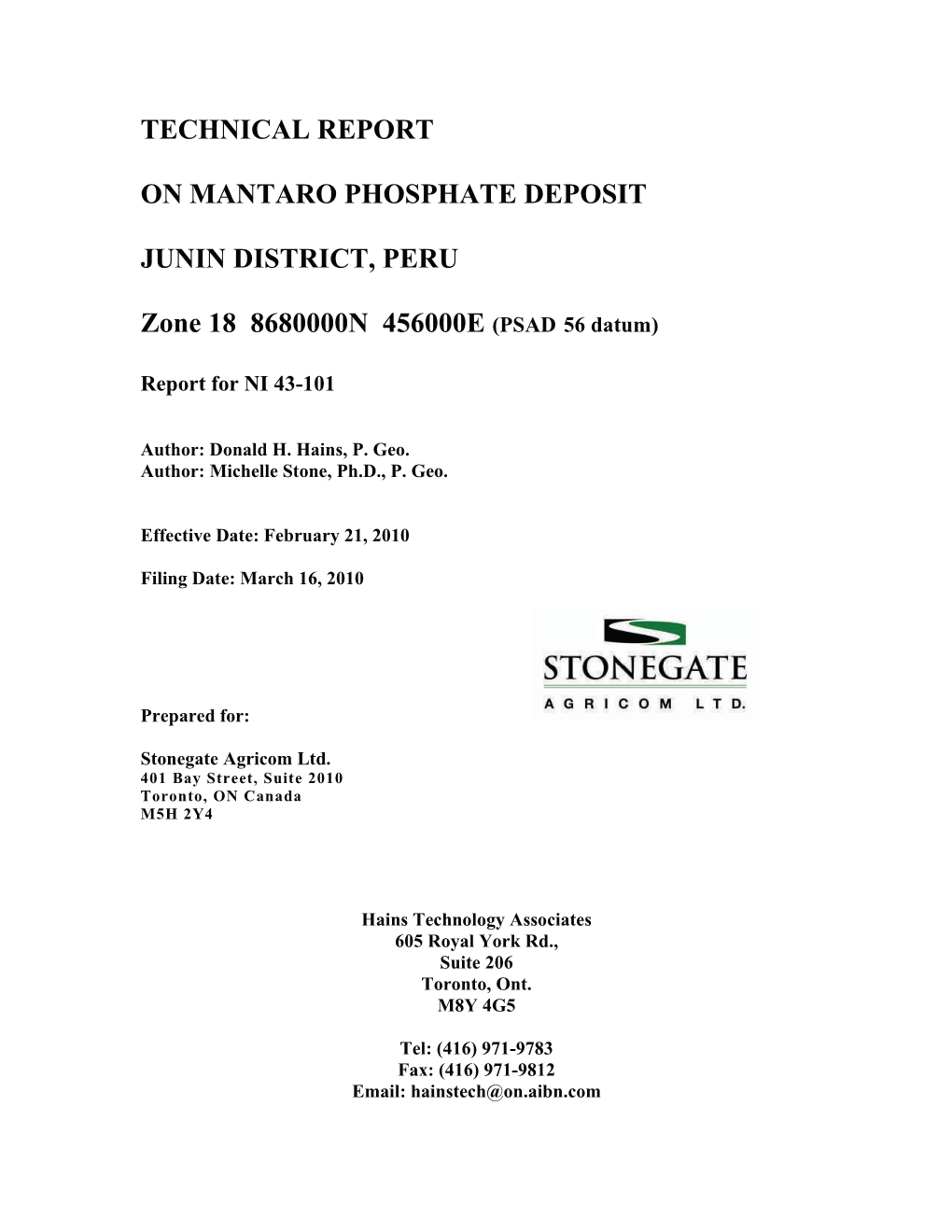 TECHNICAL REPORT on MANTARO PHOSPHATE DEPOSIT JUNIN DISTRICT, PERU Zone 18 8680000N 456000E (PSAD'56 Datum)